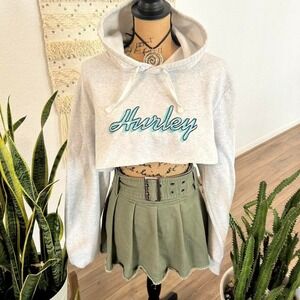 Vintage Y2K 2000s Hurley grey cropped hoodie with large embroidered logo